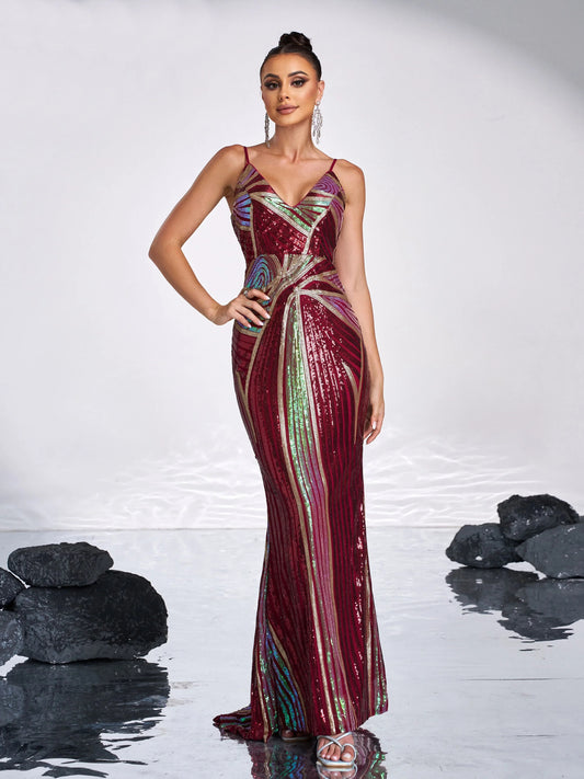 Spaghetti Strap V Neck Sequin Mermaid Gown Formal Maxi Dress