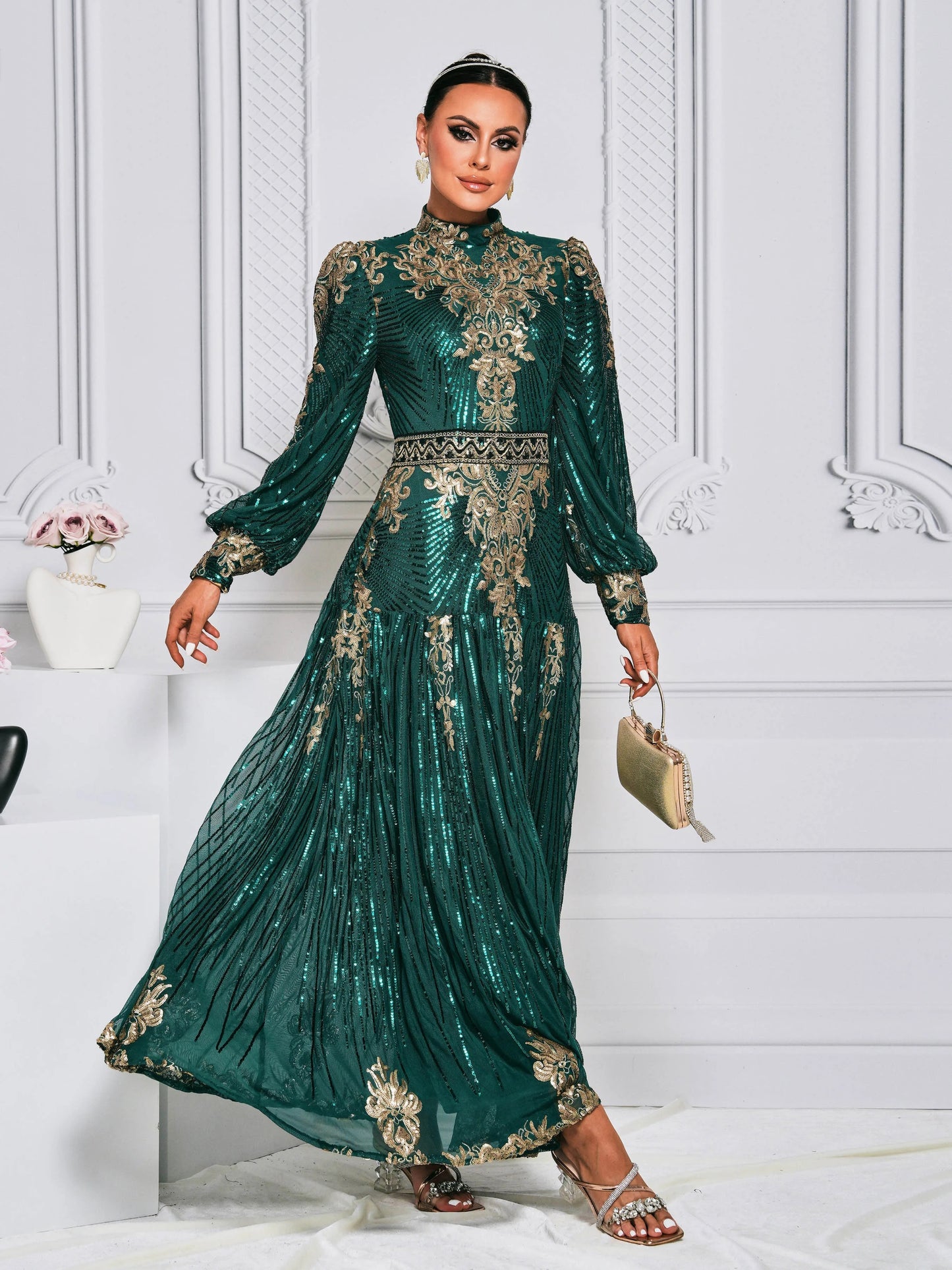 O-Neck Embroidery Super Long Sleeve High-End Robe Maxi Dress