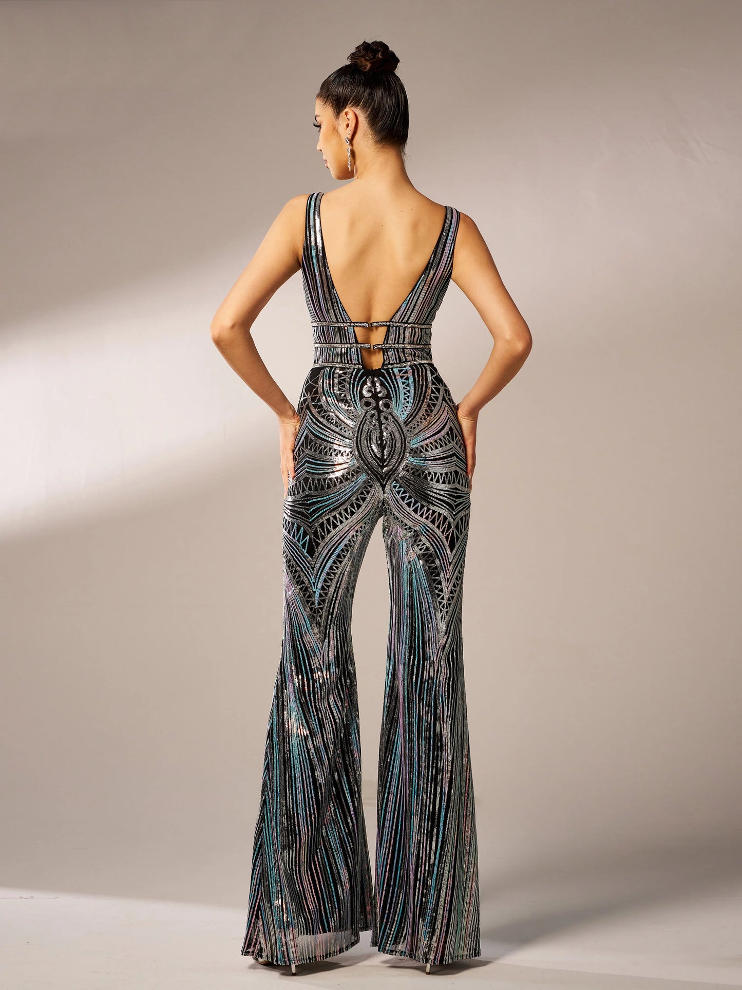 V Neck Sleeveless Multicolour Sequin Chic Formal Maxi Jumpsuit