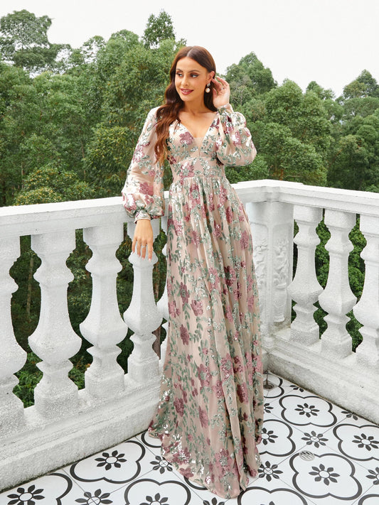 Long Sleeve V Neck A Line Floral Print Prom Maxi Dress