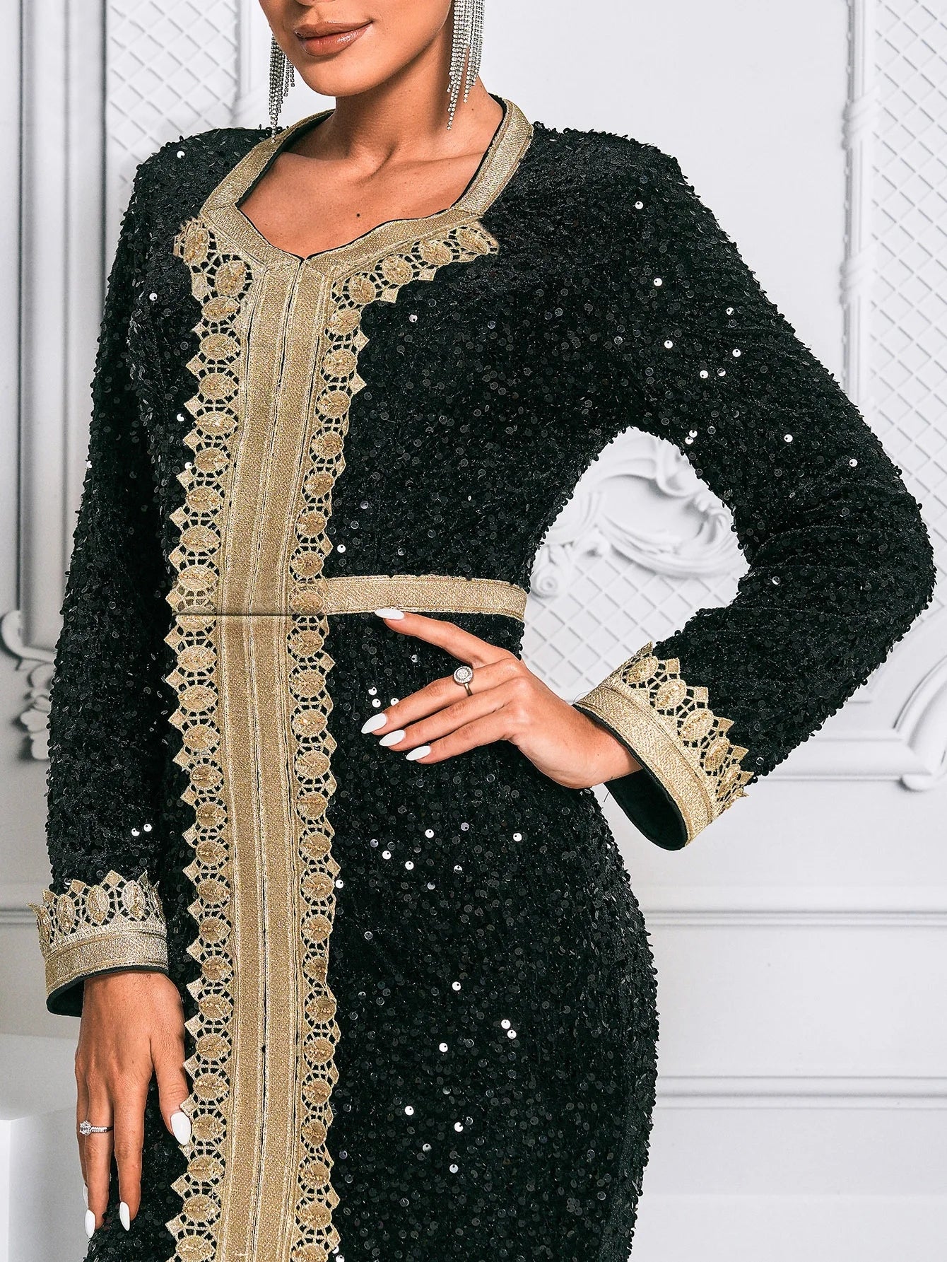 O-Neck Long Sleeve Sequin Evening Prom Maxi Dress