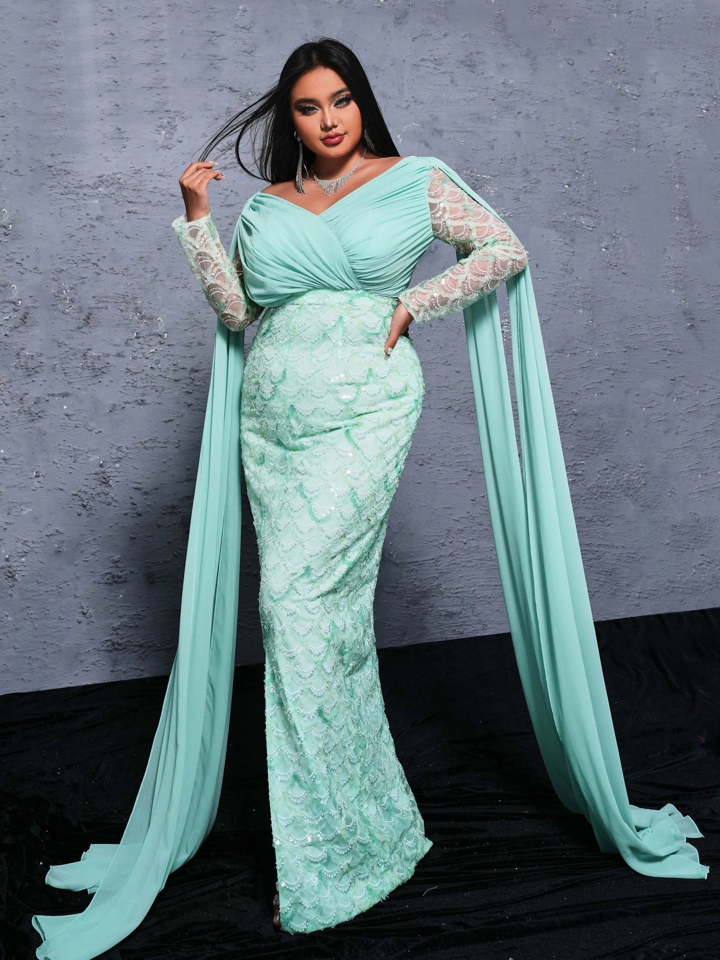 Sequin Flowing Sleeve V Neck Panel Mermaid Maxi Dress