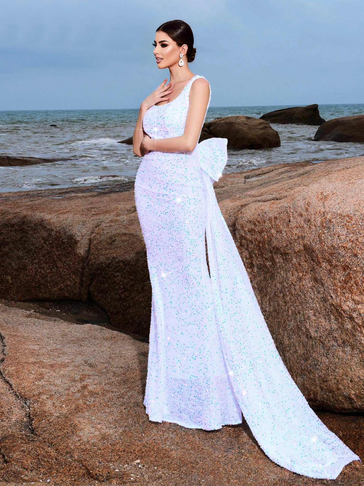 Slash Neck Sequin Bow Draped Mermaid Maxi Dress