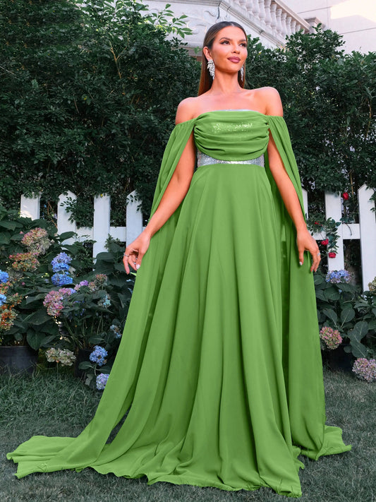 Slash Neck Strapless Chic Off Shoulder A Line Prom Maxi Dress