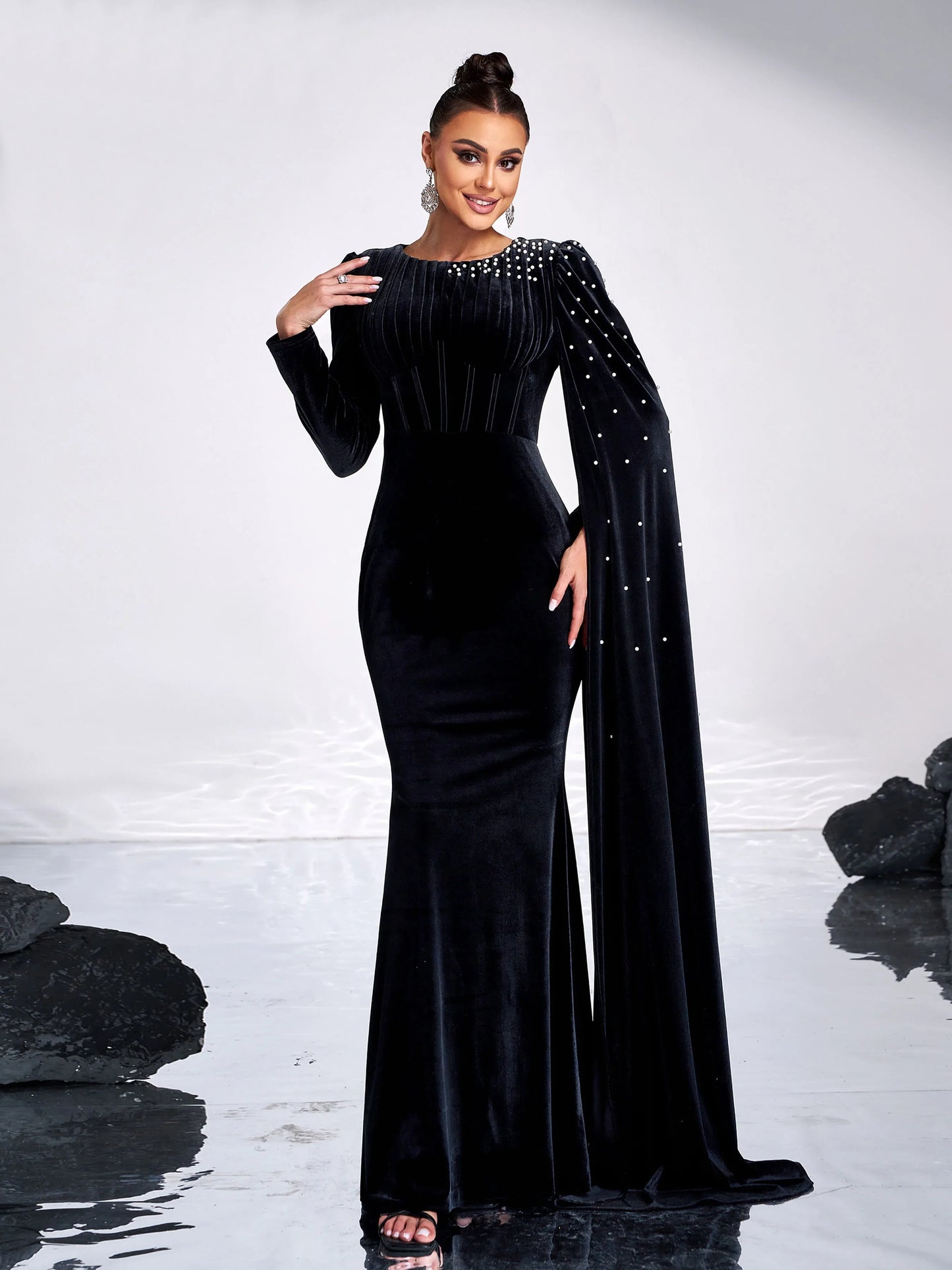 Draped O Neck Long Sleeve Velvet Formal Mermaid Maxi Dress