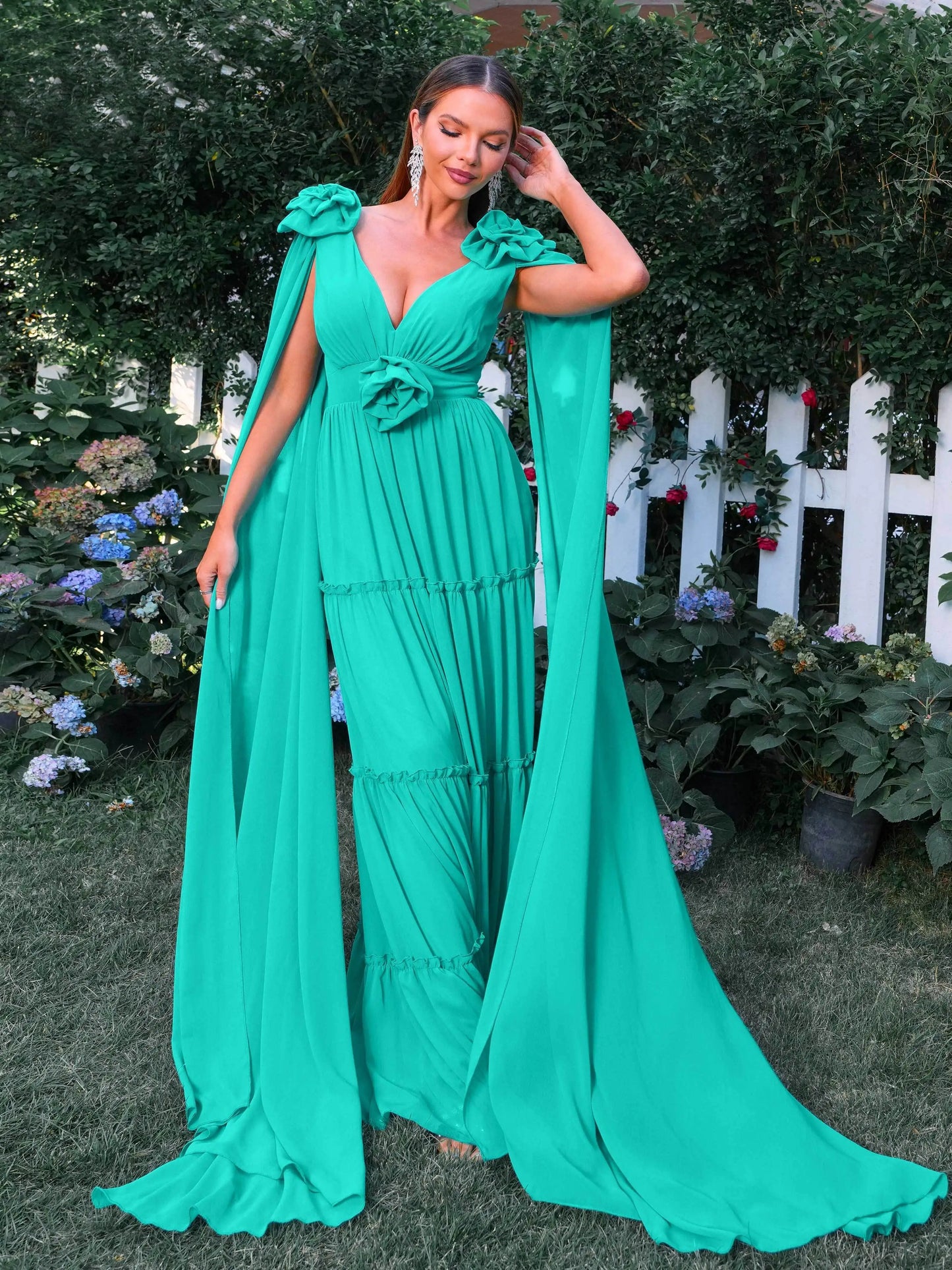 V-neck A Line Extended Sleeve Prom Maxi Dress