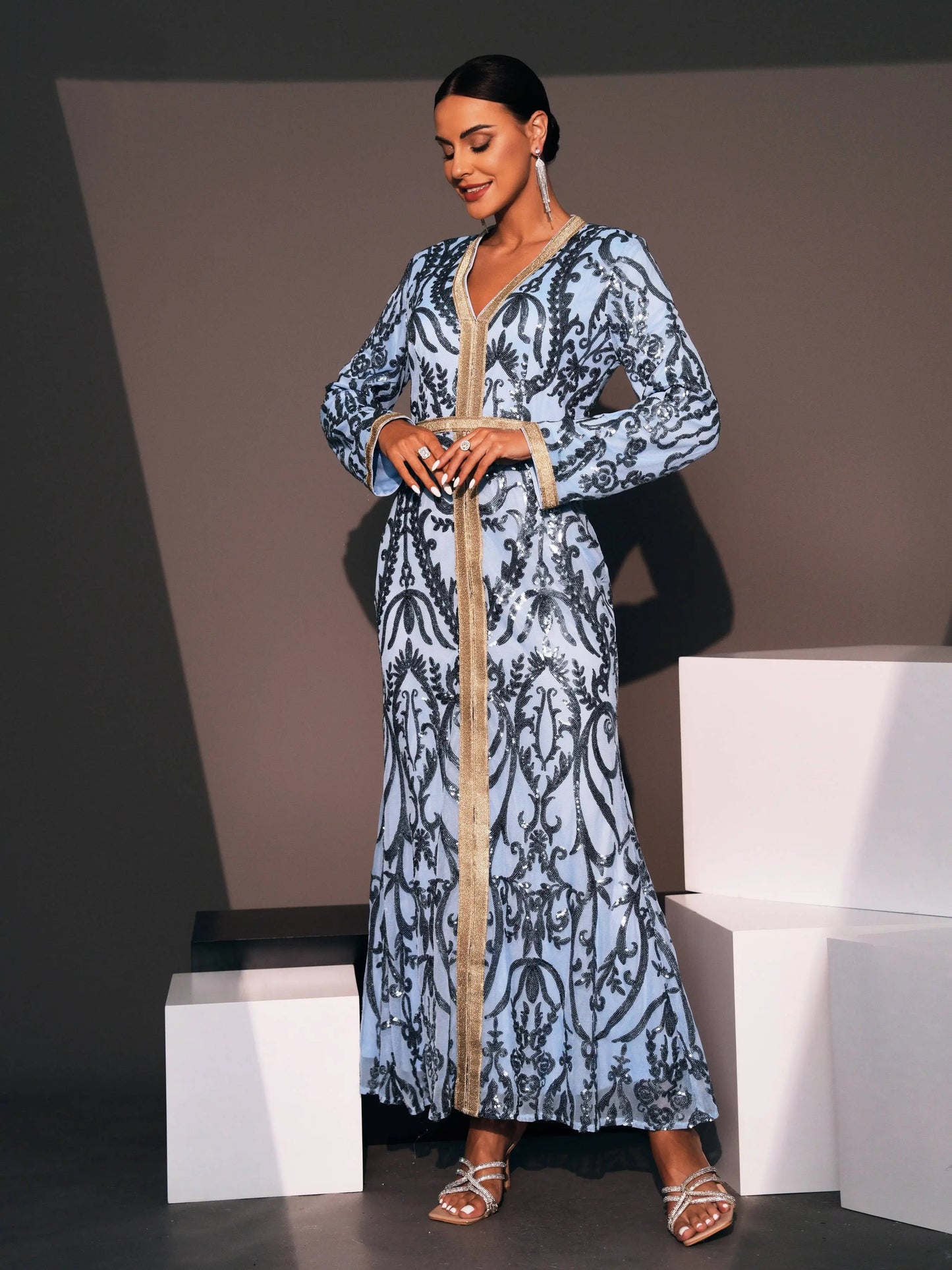 V-Neck Kaftan Robe Gown Geometric Pattern Maxi Dress