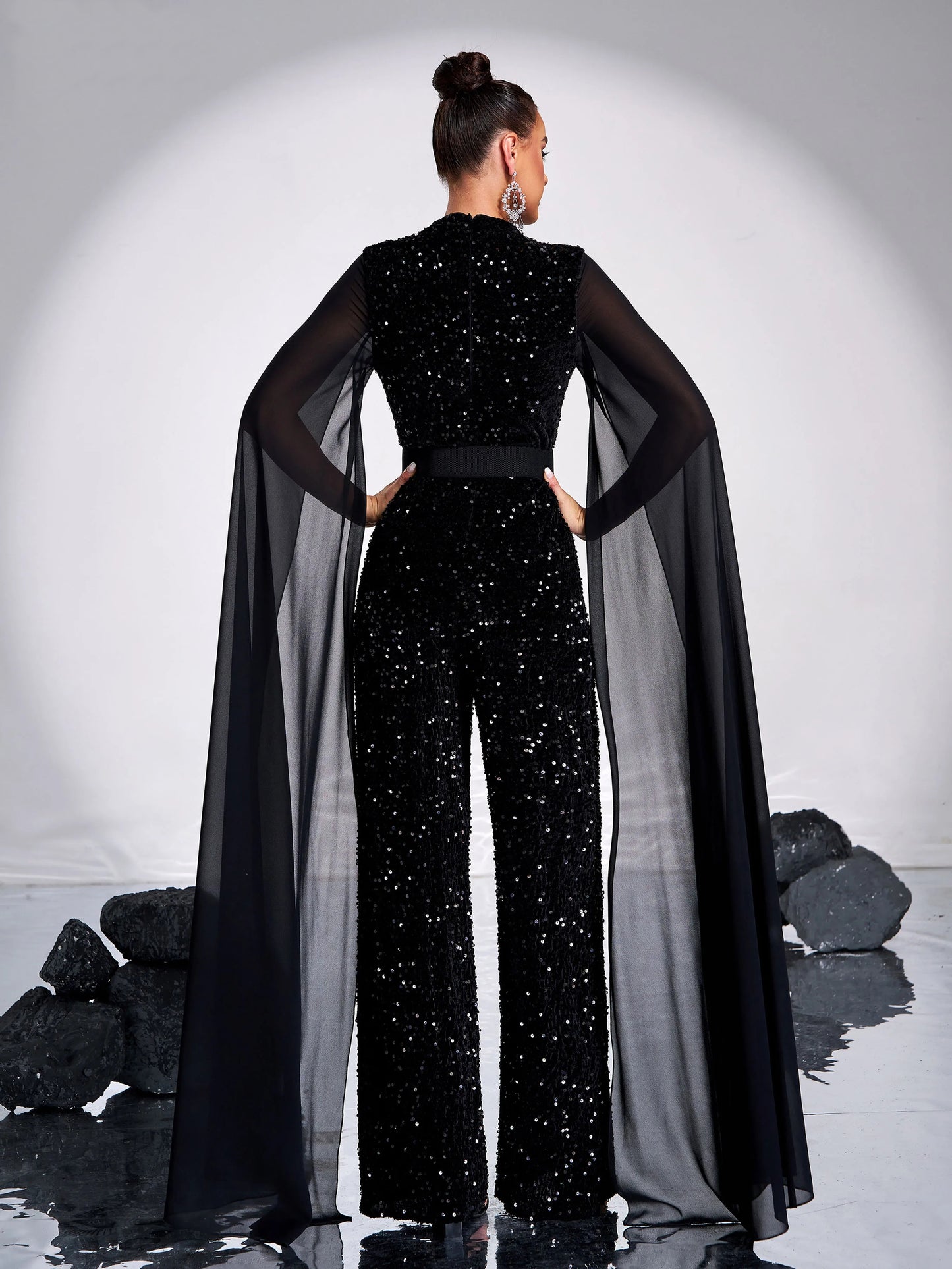 O Standard Neck Ultra Long Mash Sleeves Sequin Chic Formal Maxi Jumpsuit