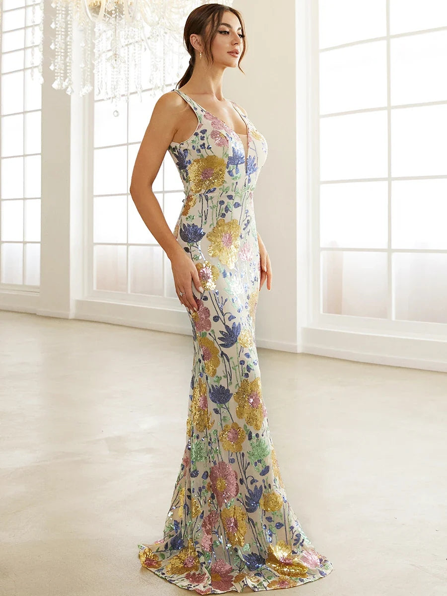 Floral Sequins Contrast Mesh Mermaid Sleeveless Prom Maxi Dress