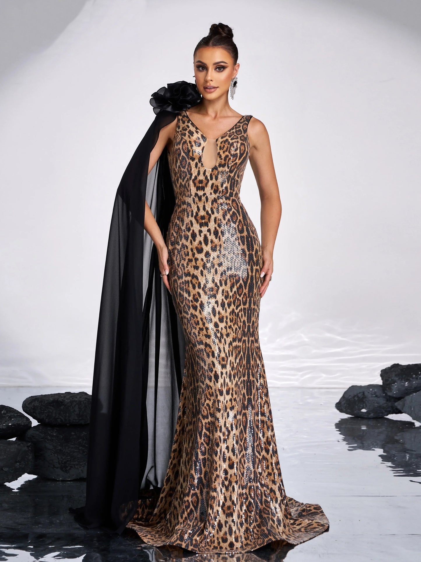 V Neck Leopard Print Sequin Mermaid Evening Gown Maxi Dress