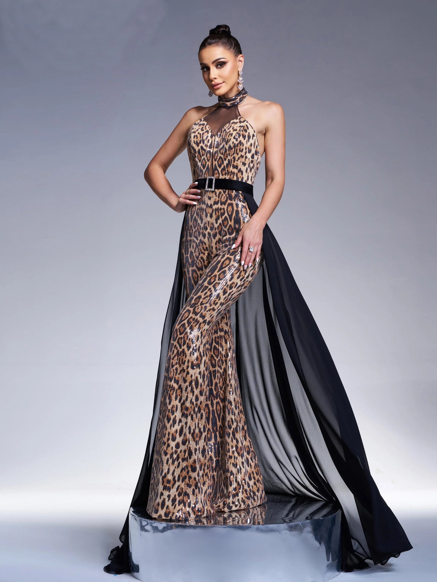 Sequin Halter Neck Backless Chic Formal Leopard Print Mesh Maxi jumpsuit