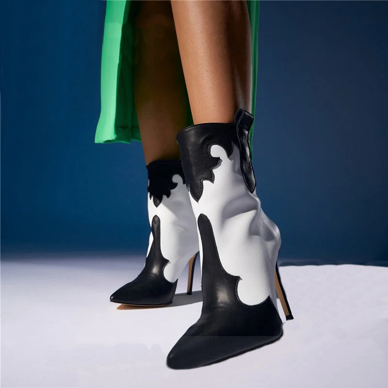Patchwork Pointed Toe PU Leather Slip On High Heels Ankle Boots