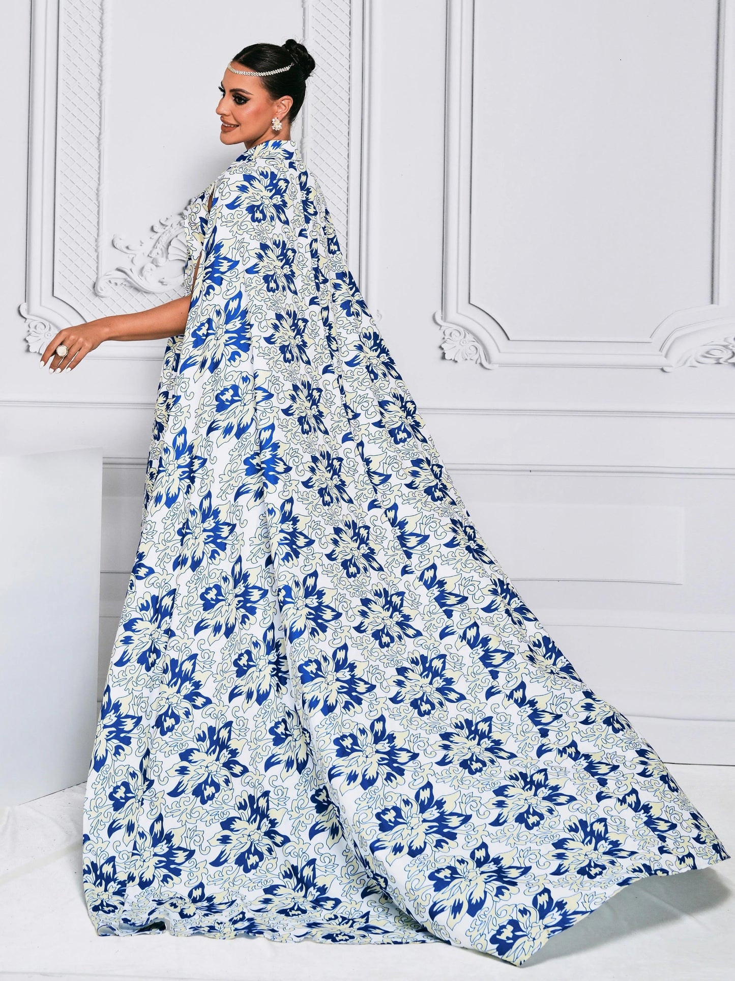 Floral Pattern With Cape Long Sleeve Prom Maxi Dress