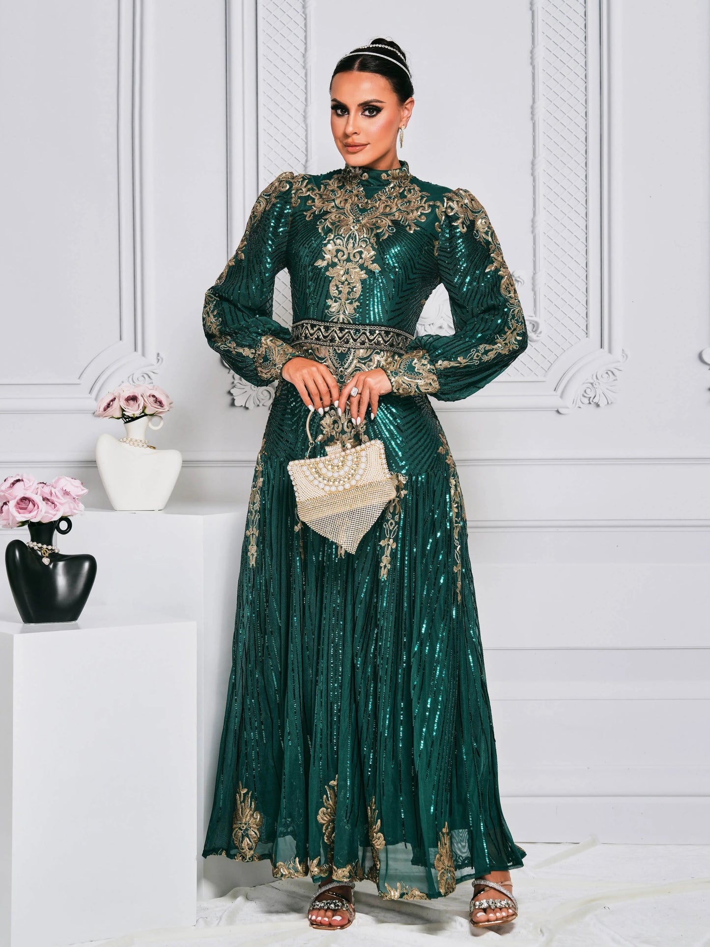 O-Neck Embroidery Super Long Sleeve High-End Robe Maxi Dress