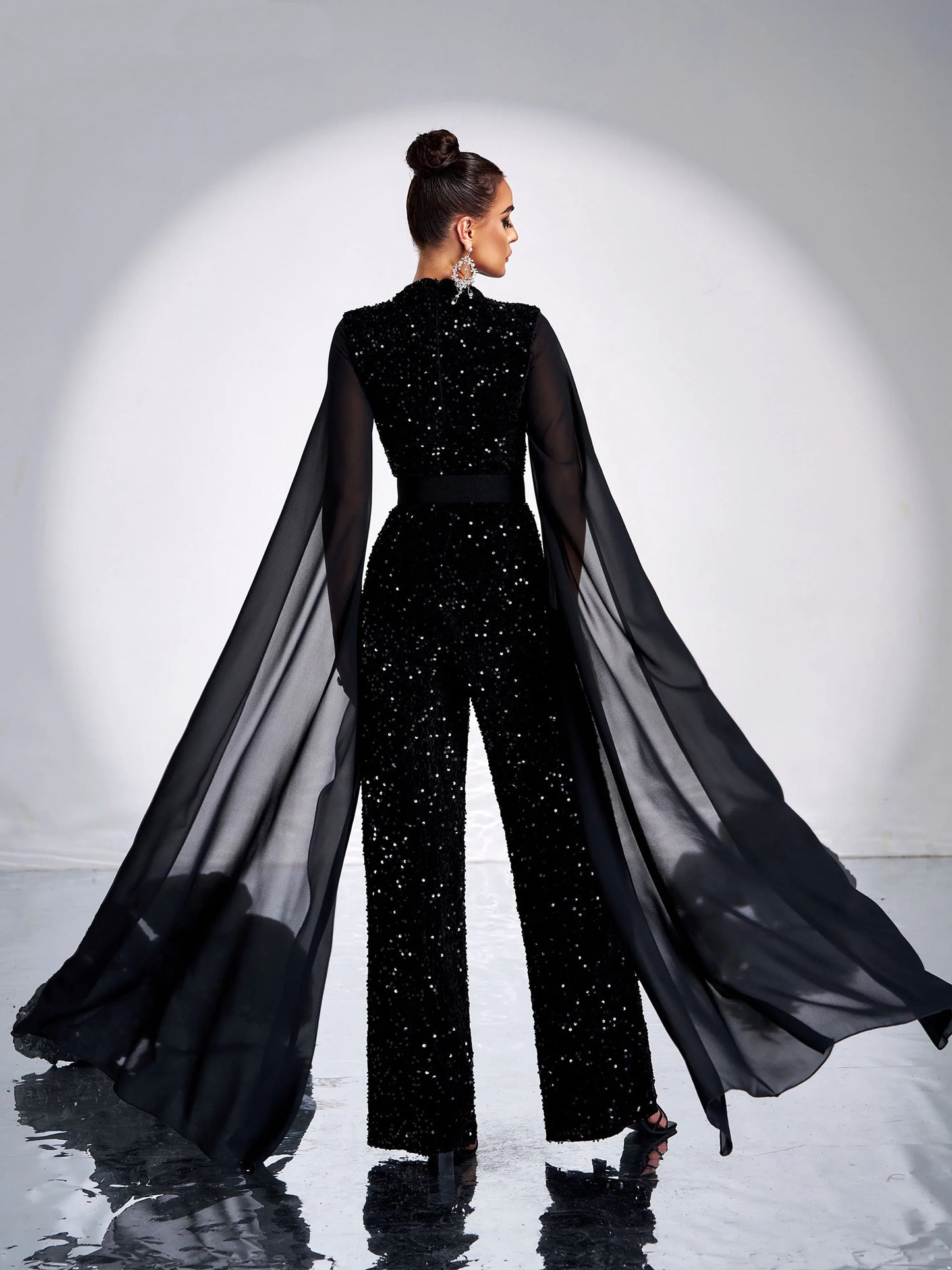 O Standard Neck Ultra Long Mash Sleeves Sequin Chic Formal Maxi Jumpsuit