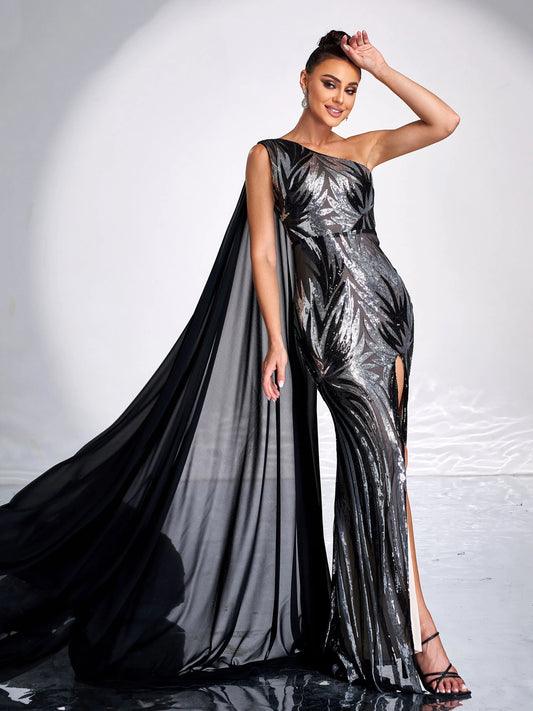 One Shoulder Mesh Sleeveless Sequin Split Formal Maxi Dress