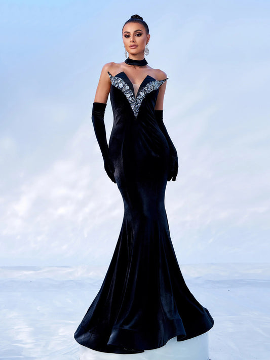 Diamond Strapless With Glove Velvet Formal Mermaid Maxi Dress