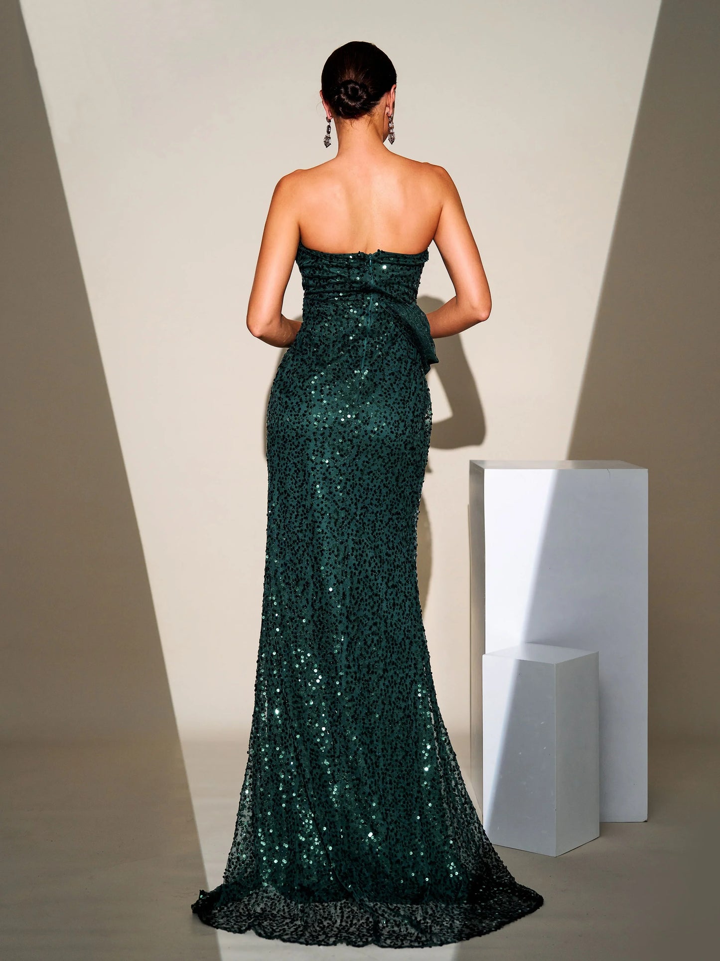 Sequin One Shoulder Short Sleeve Thigh Split Backless Prom Gown Maxi Dress