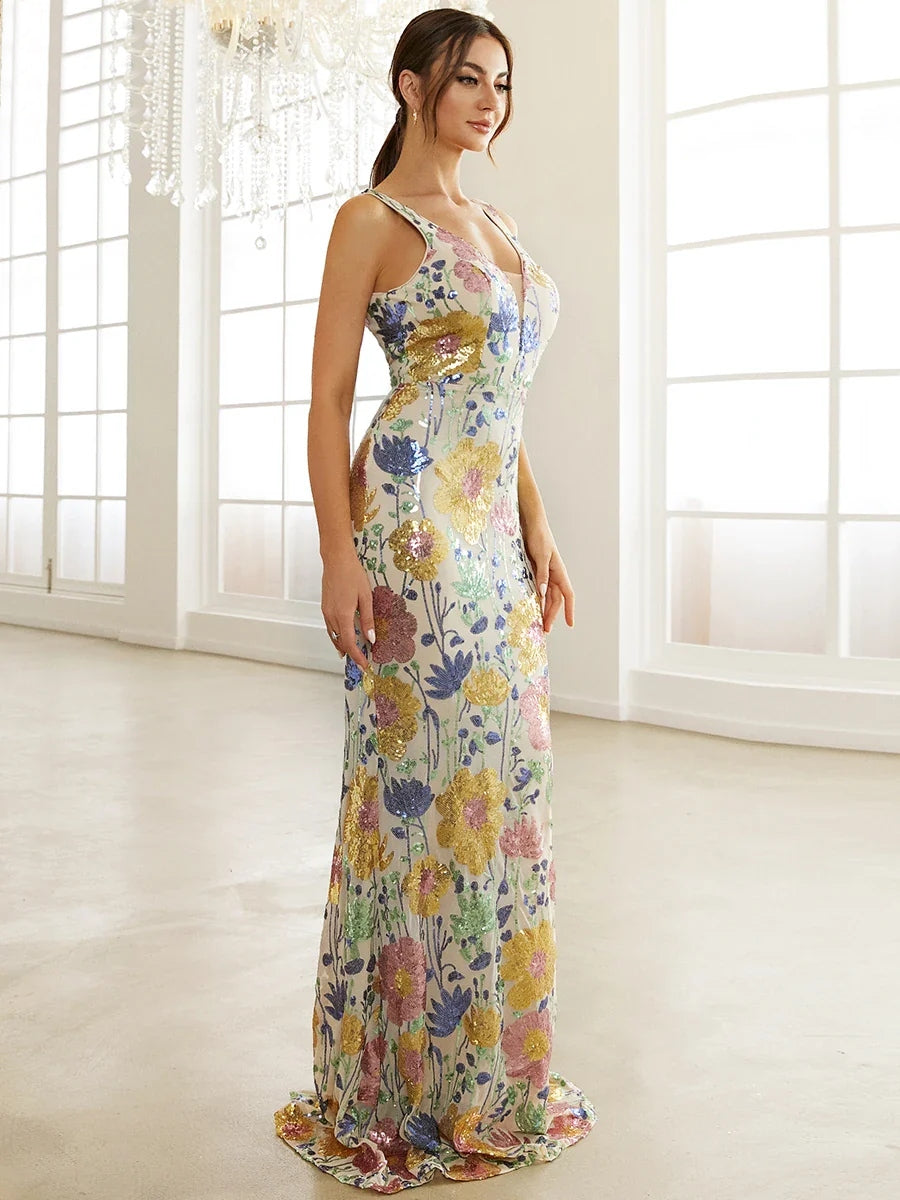 Floral Sequins Contrast Mesh Mermaid Sleeveless Prom Maxi Dress