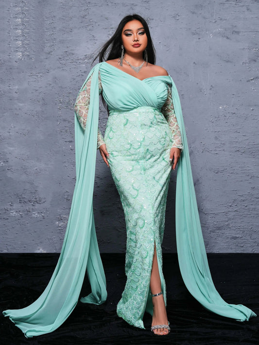 Sequin Flowing Sleeve V Neck Panel Mermaid Maxi Dress