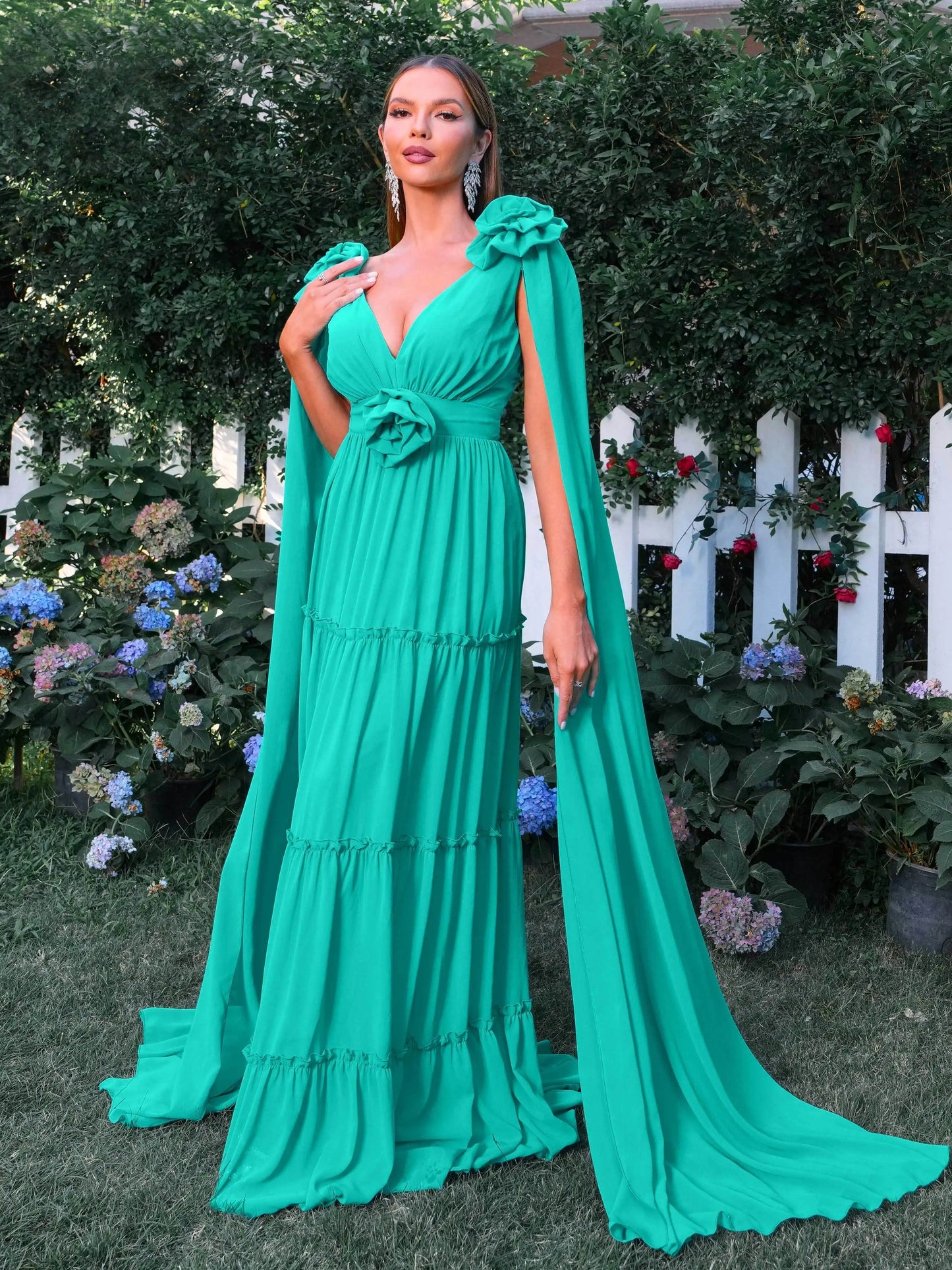 V-neck A Line Extended Sleeve Prom Maxi Dress