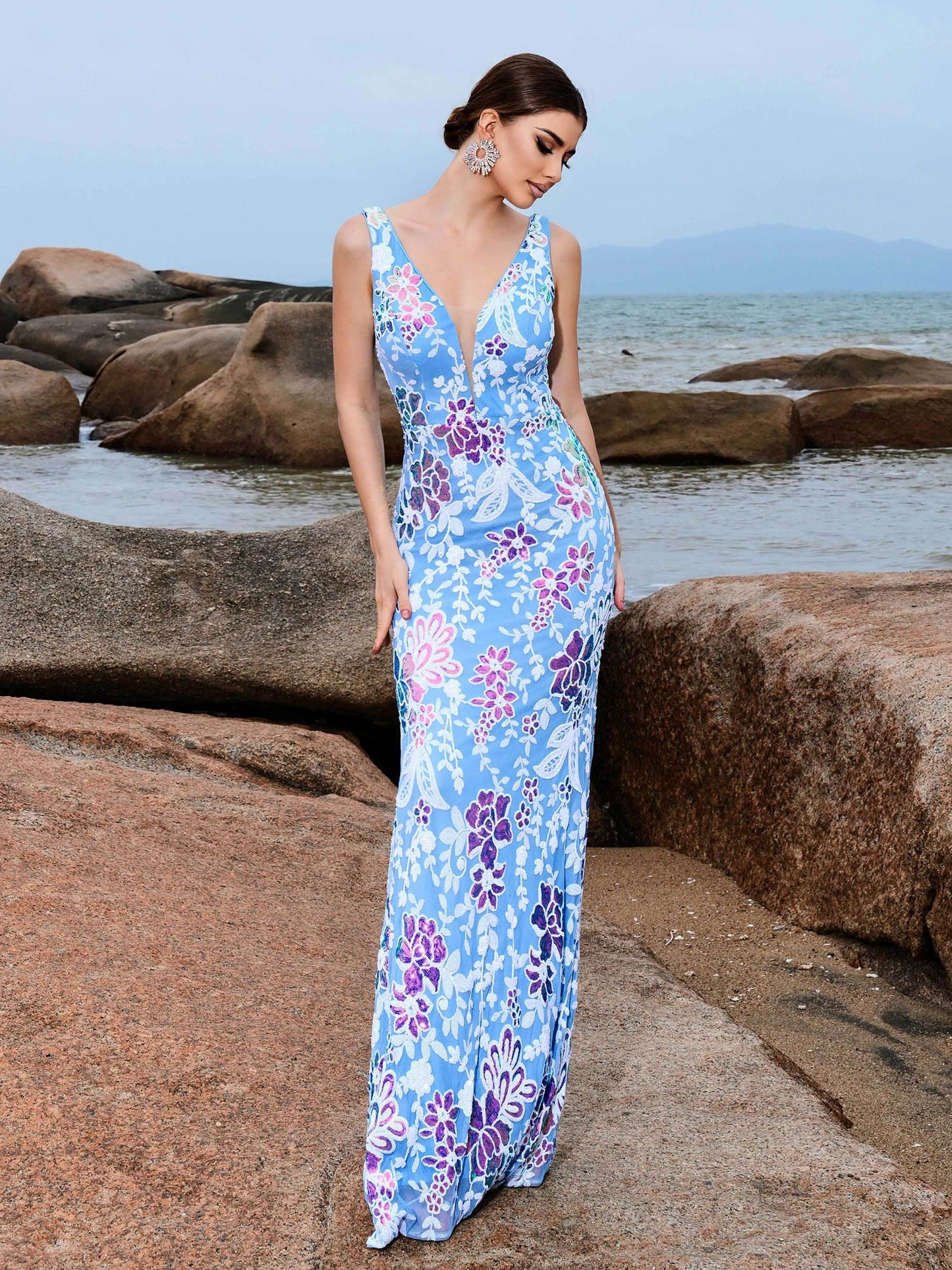 Light blue Chic V Neck Sequin Mermaid Maxi Dress