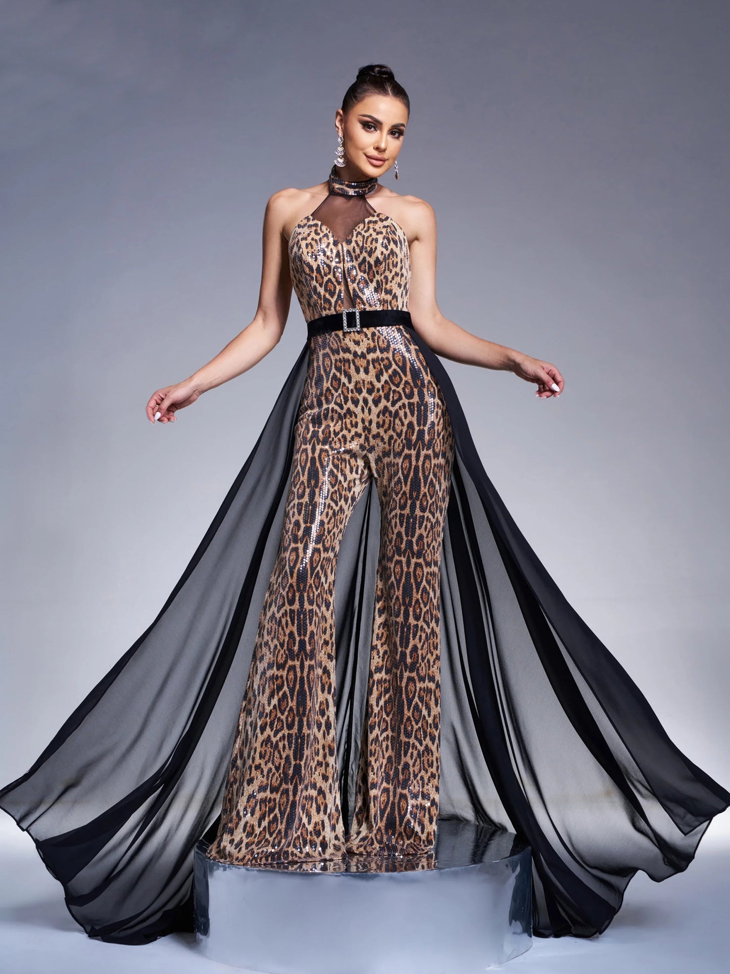 Sequin Halter Neck Backless Chic Formal Leopard Print Mesh Maxi jumpsuit