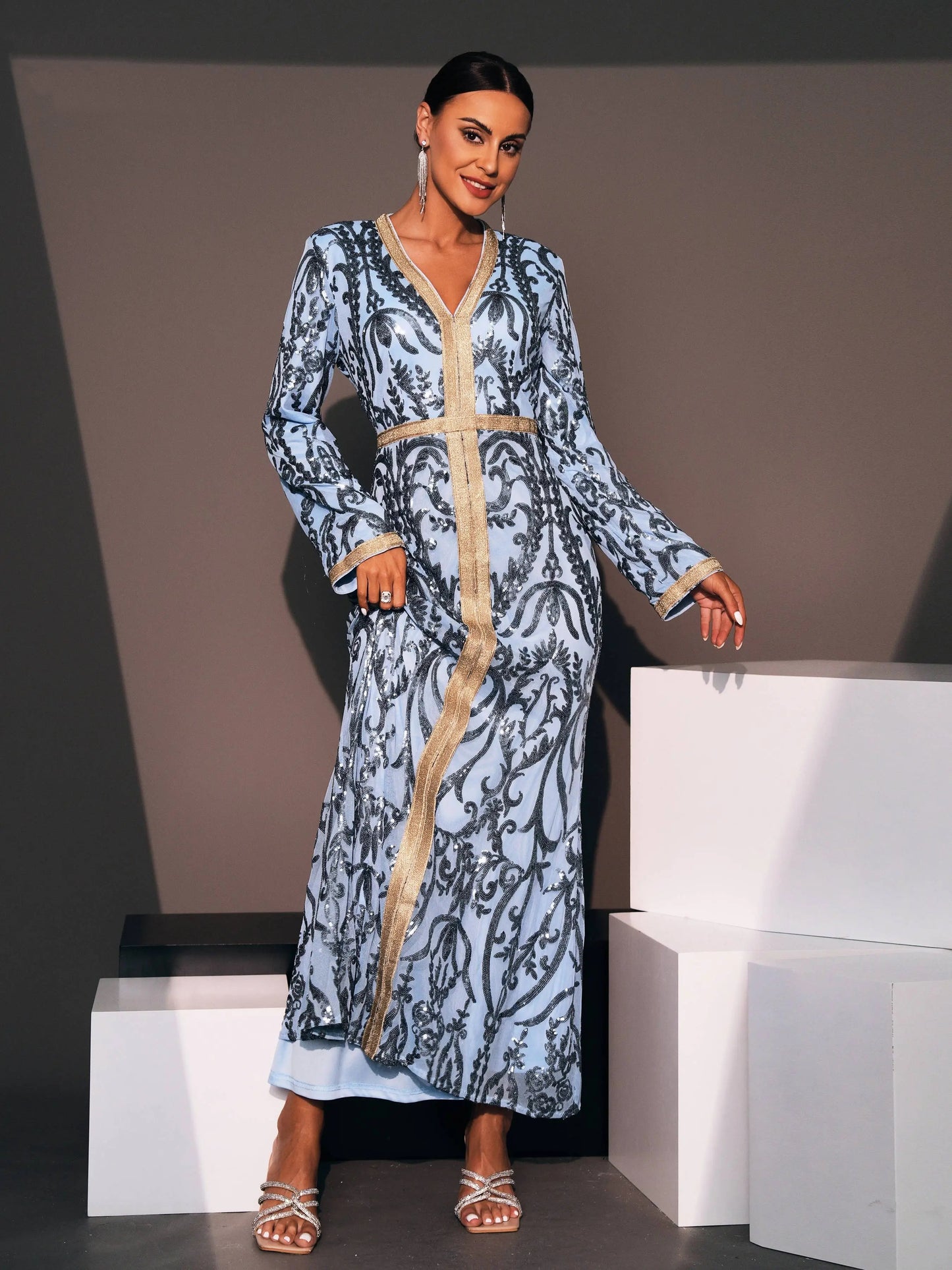 V-Neck Kaftan Robe Gown Geometric Pattern Maxi Dress