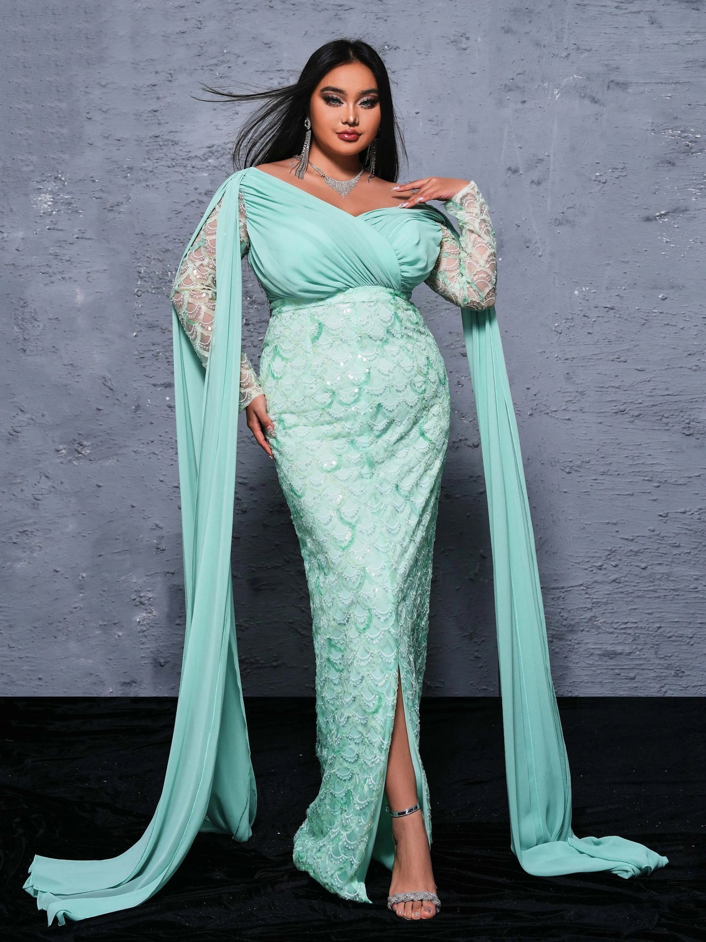 Sequin Flowing Sleeve V Neck Panel Mermaid Maxi Dress