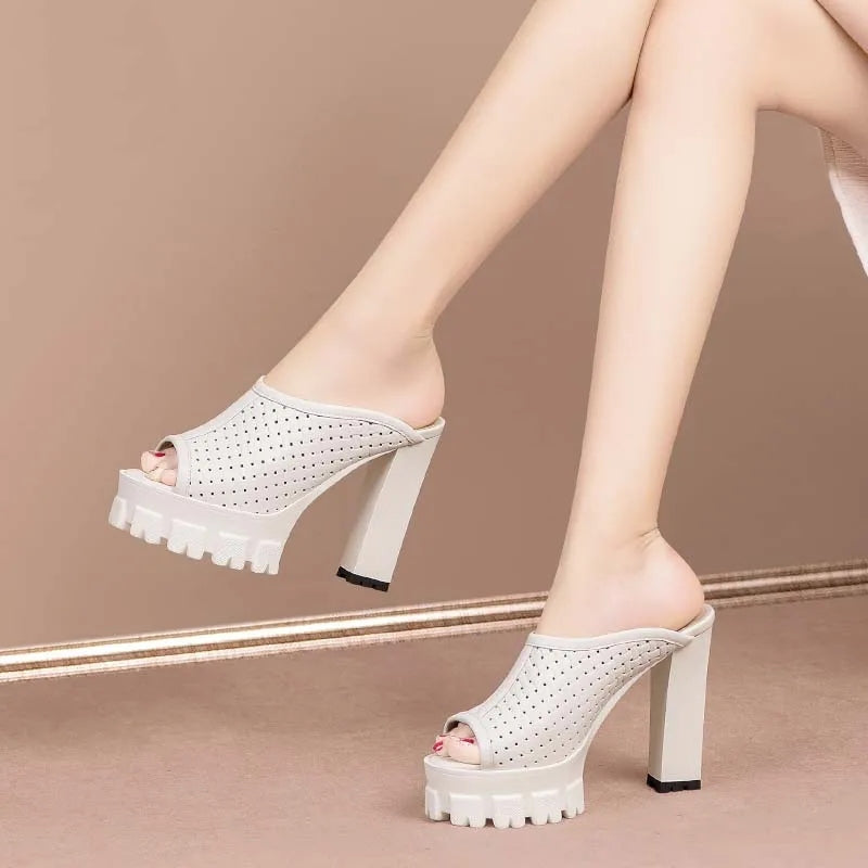 Genuine Leather High Heels Platform Open Toe Sandals