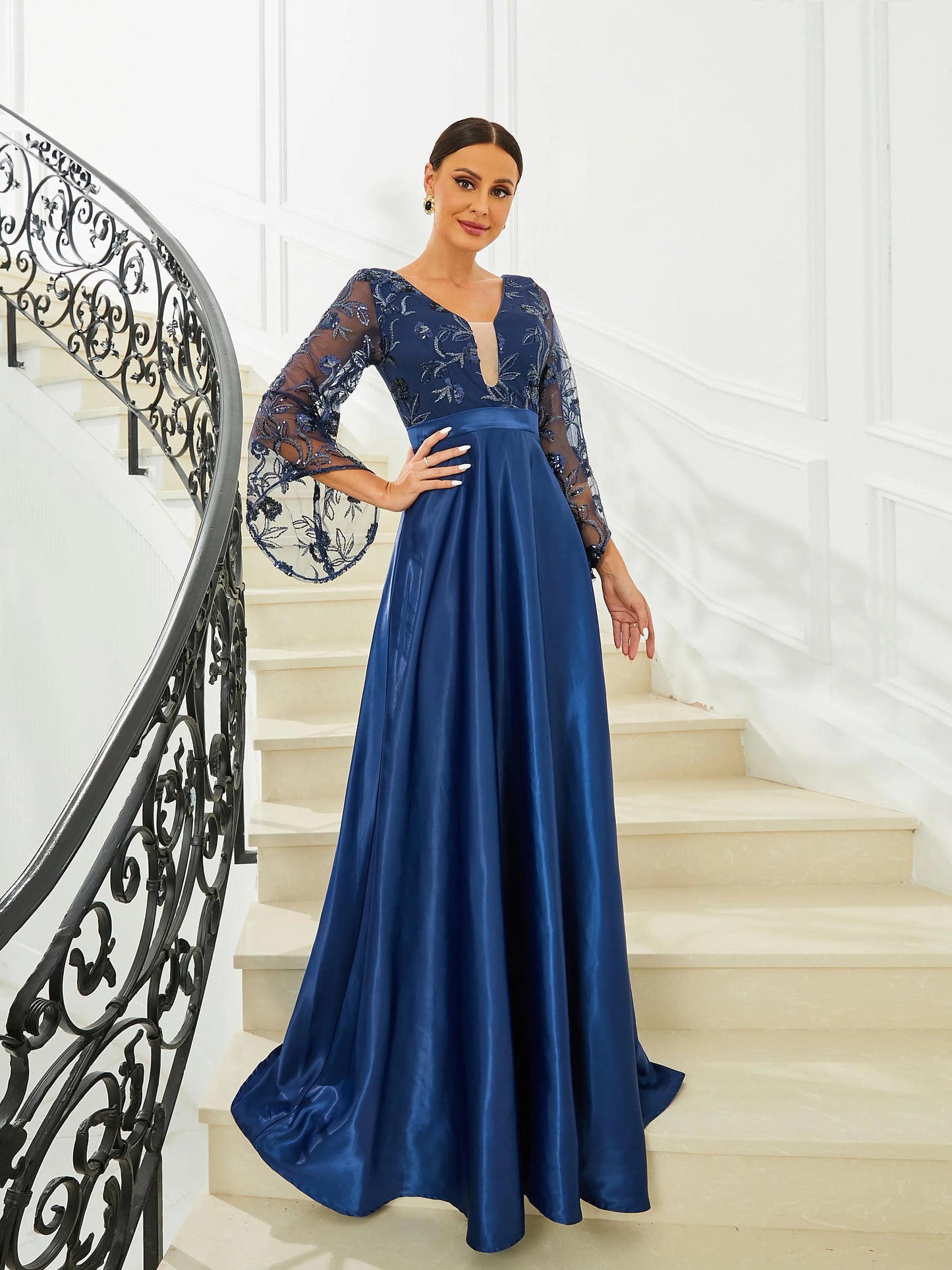 Bell Flare Sleeve V Neck A Line Prom Evening Maxi Dress