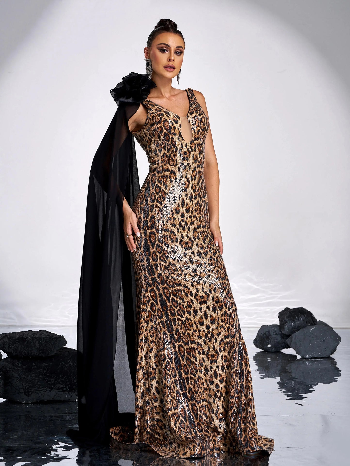 V Neck Leopard Print Sequin Mermaid Evening Gown Maxi Dress