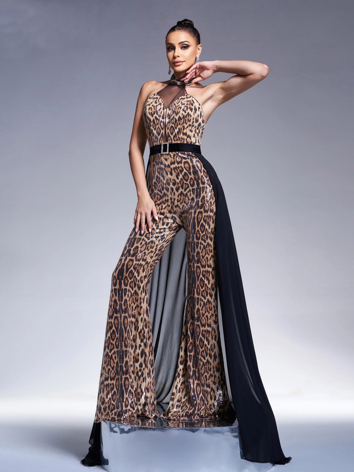 Sequin Halter Neck Backless Chic Formal Leopard Print Mesh Maxi jumpsuit