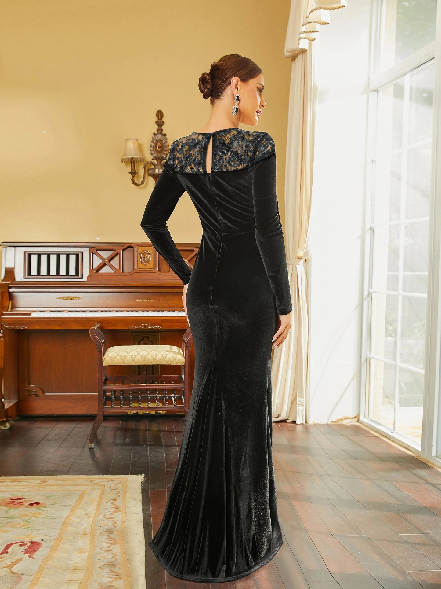 Raglan Sleeve O Neck Prom Split Velvet Formal Maxi Dress