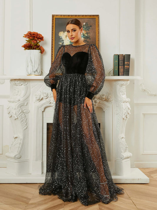 O Neck Long Sleeve Lace Ruffled A Line Formal Maxi Dress