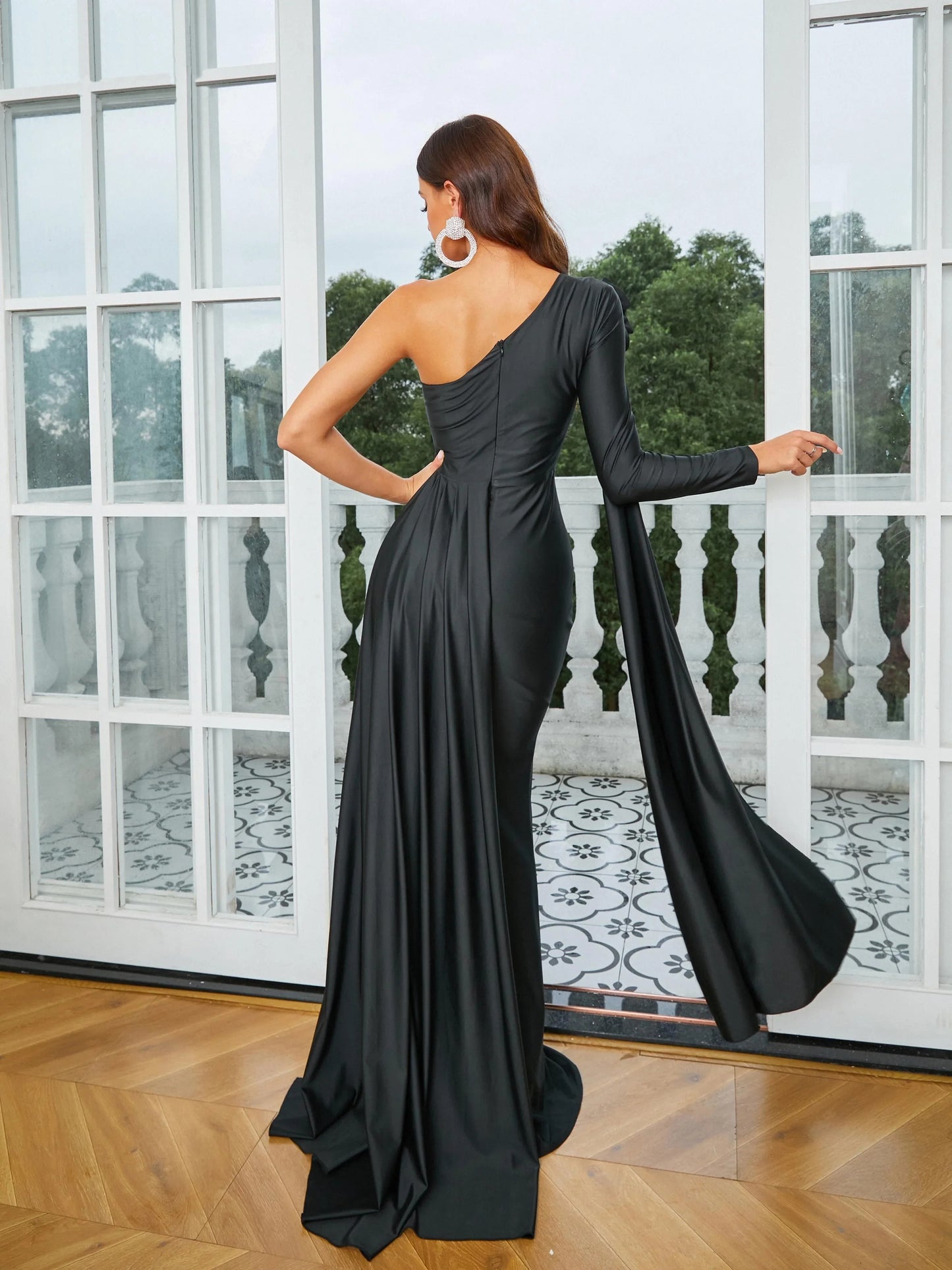 One Shoulder Split Draped Mermaid Formal Maxi Dress