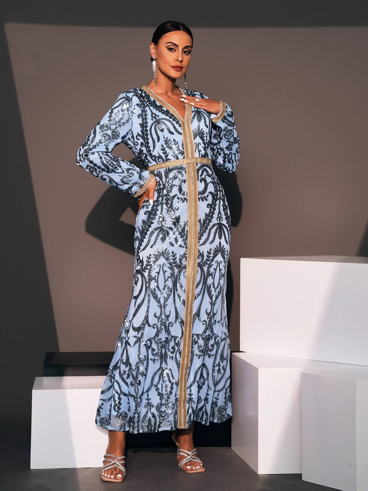 V-Neck Kaftan Robe Gown Geometric Pattern Maxi Dress