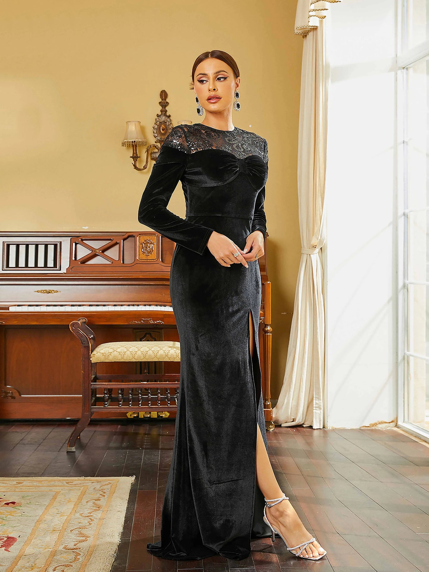 Raglan Sleeve O Neck Prom Split Velvet Formal Maxi Dress