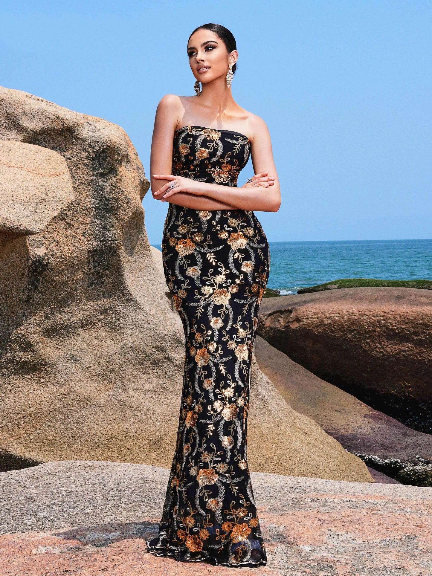 Slash Neck Strapless Floral Sequin Mermaid Formal Maxi Dress