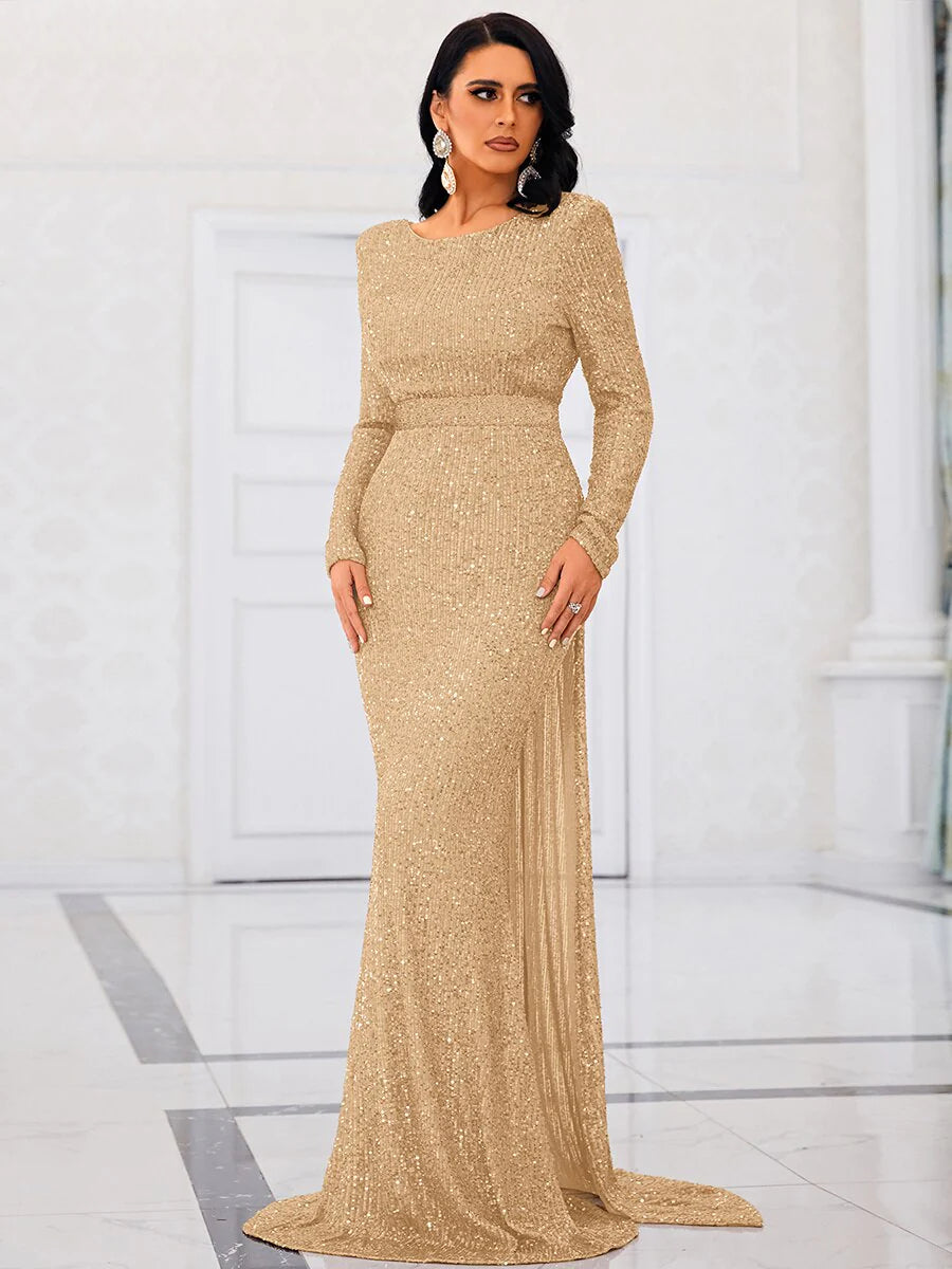 O Neck Long Sleeves Backless Sequin Mermaid Evening Maxi Dress