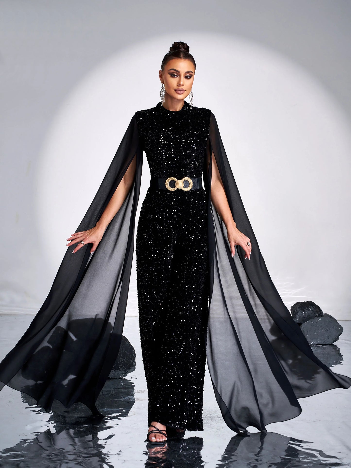 O Standard Neck Ultra Long Mash Sleeves Sequin Chic Formal Maxi Jumpsuit