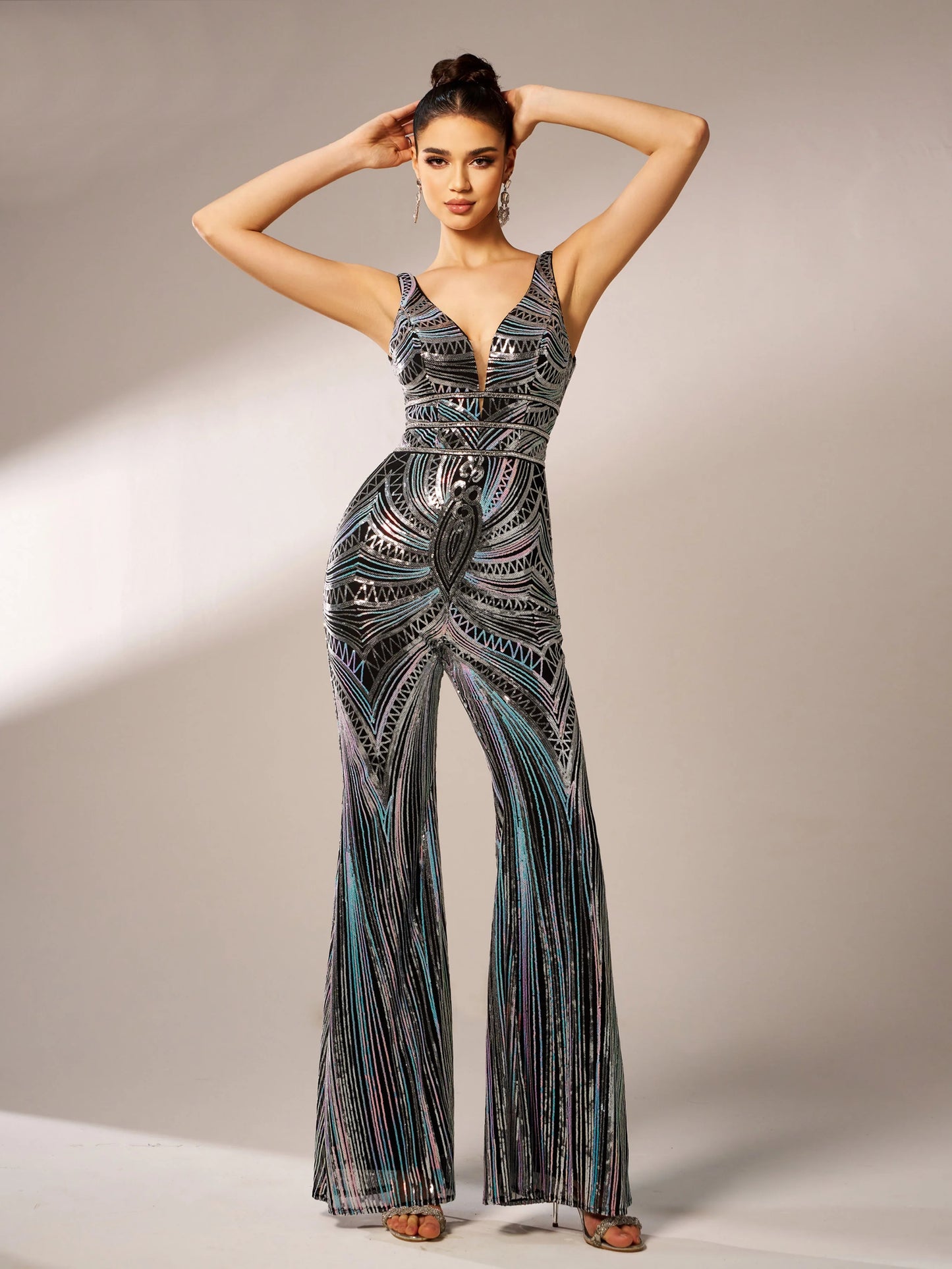 V Neck Sleeveless Multicolour Sequin Chic Formal Maxi Jumpsuit