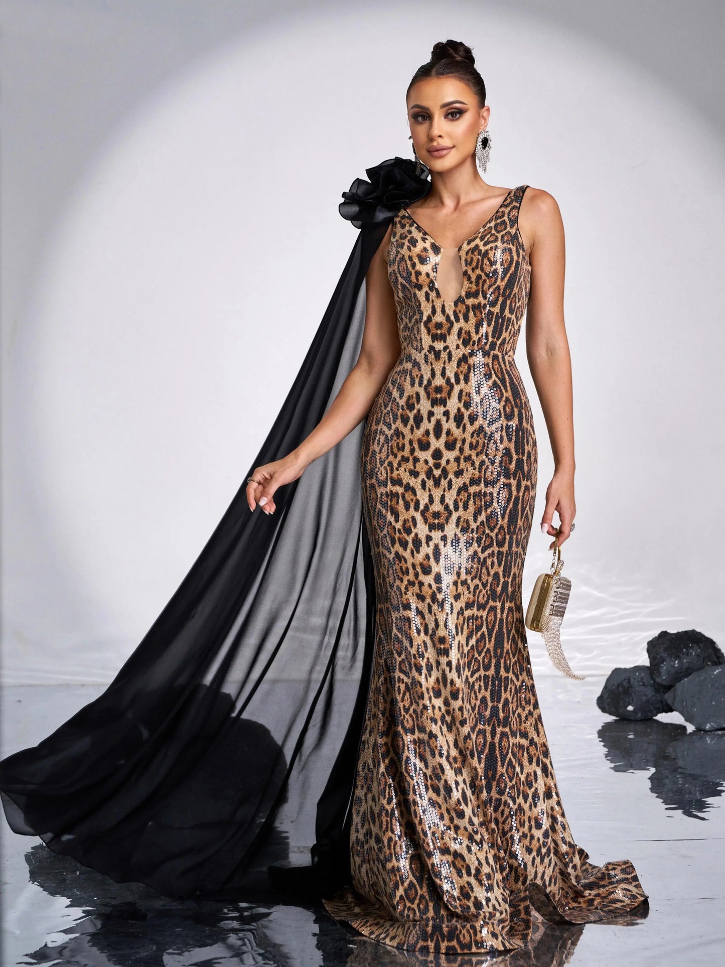 V Neck Leopard Print Sequin Mermaid Evening Gown Maxi Dress