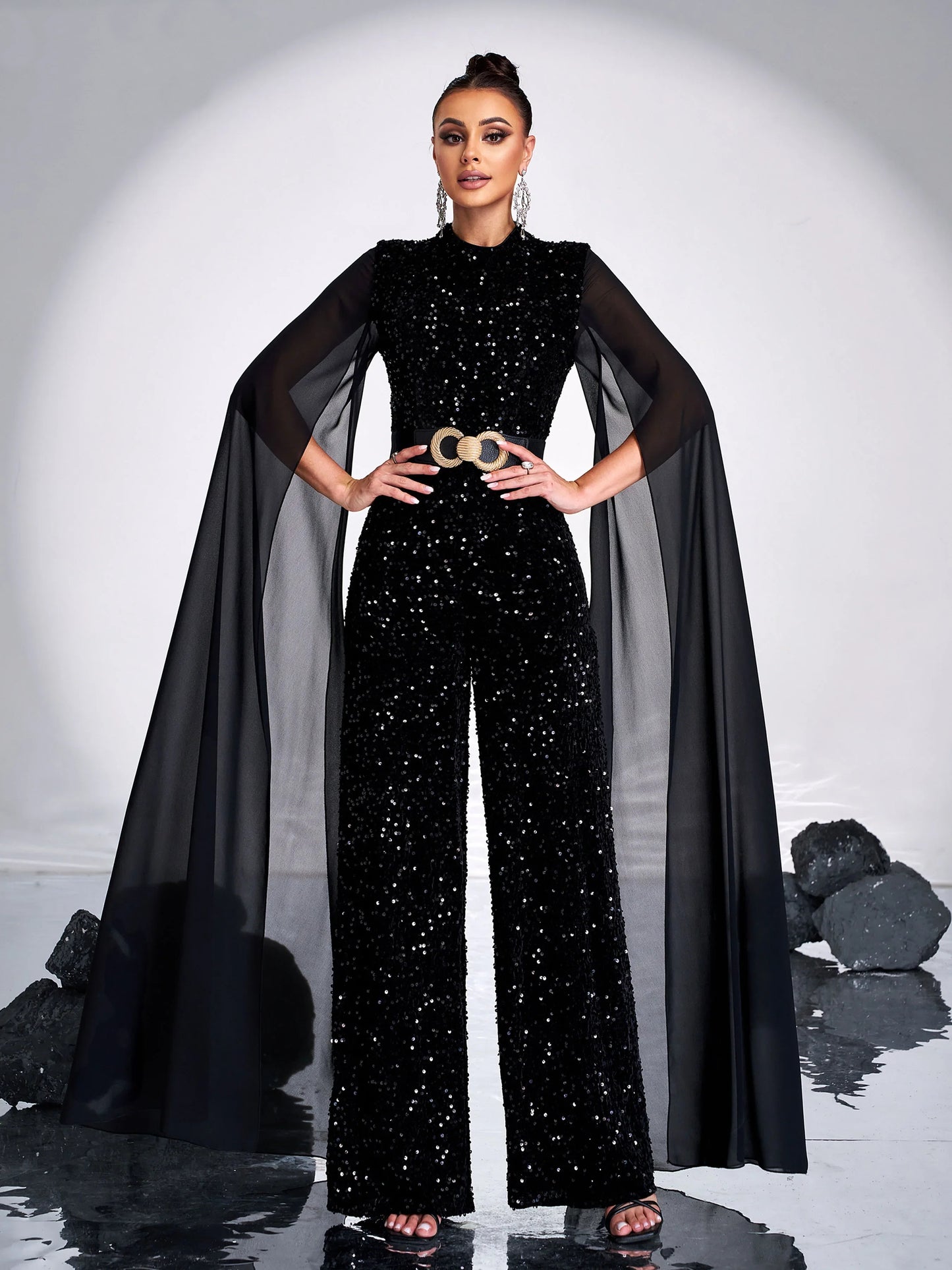 O Standard Neck Ultra Long Mash Sleeves Sequin Chic Formal Maxi Jumpsuit