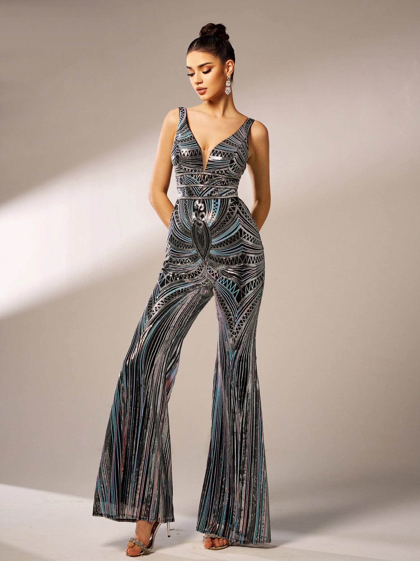 V Neck Sleeveless Multicolour Sequin Chic Formal Maxi Jumpsuit