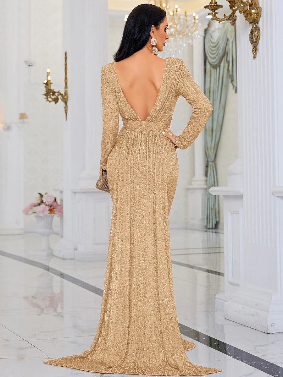 O Neck Long Sleeves Backless Sequin Mermaid Evening Maxi Dress