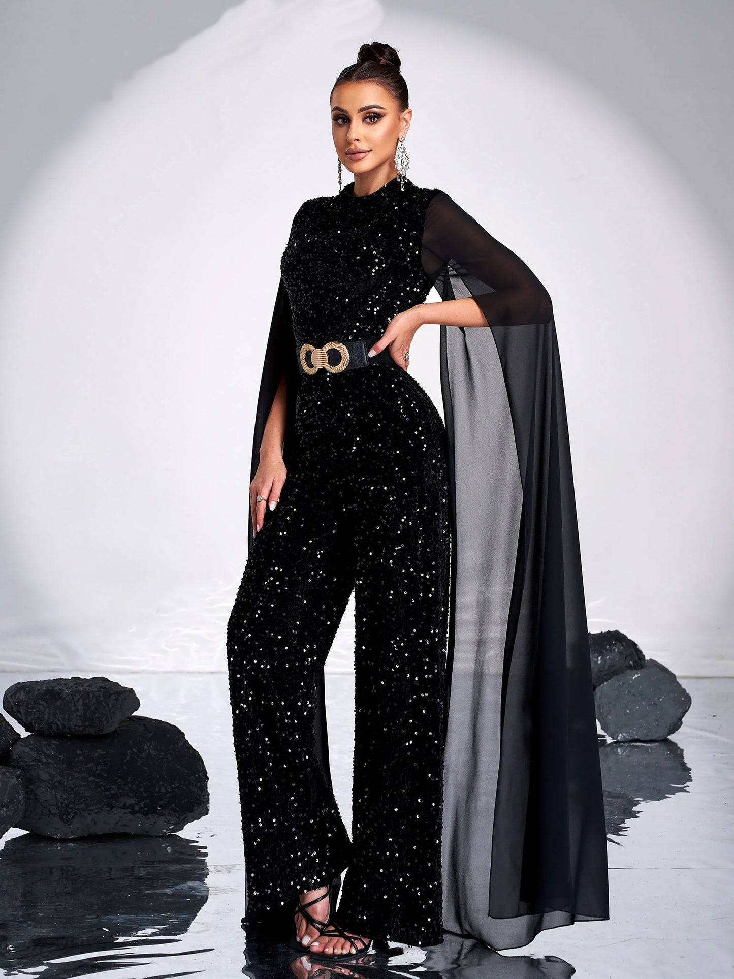 O Standard Neck Ultra Long Mash Sleeves Sequin Chic Formal Maxi Jumpsuit