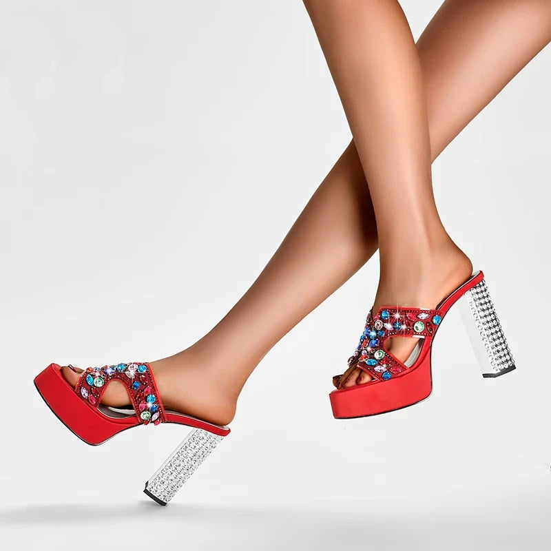 Thick Platform Crystal Slip-On Square Heels Sandals