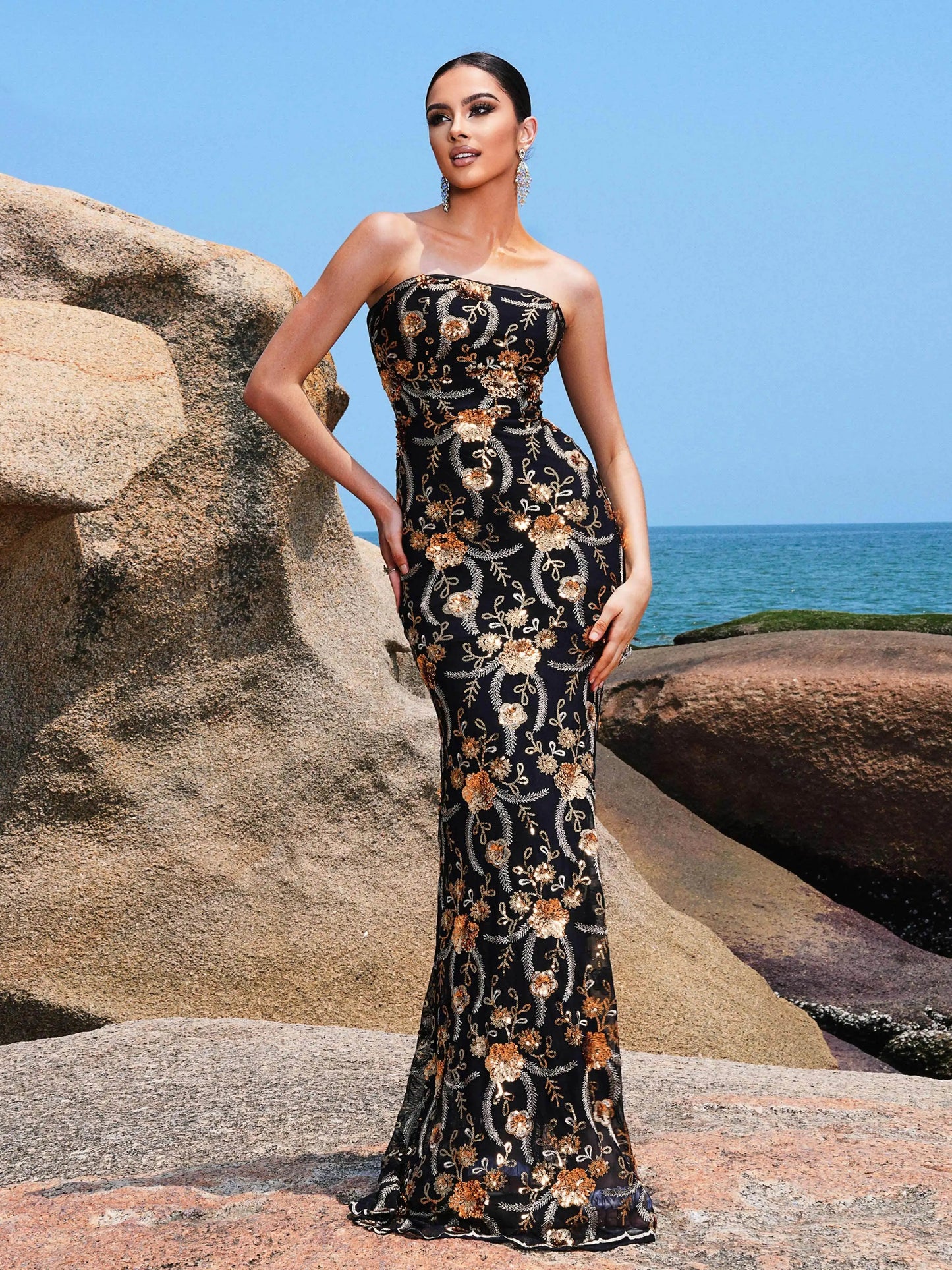 Slash Neck Strapless Floral Sequin Mermaid Formal Maxi Dress