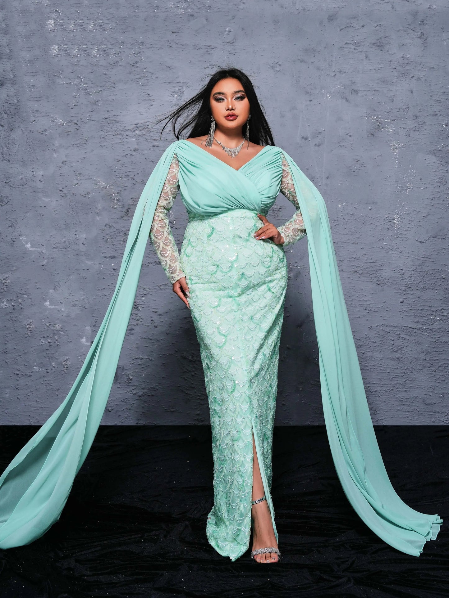 Sequin Flowing Sleeve V Neck Panel Mermaid Maxi Dress